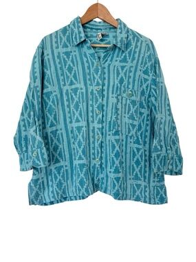 Woven Cotton Turquoise Button Up Tribal Pattern Fair Trade Top Beach Size Large